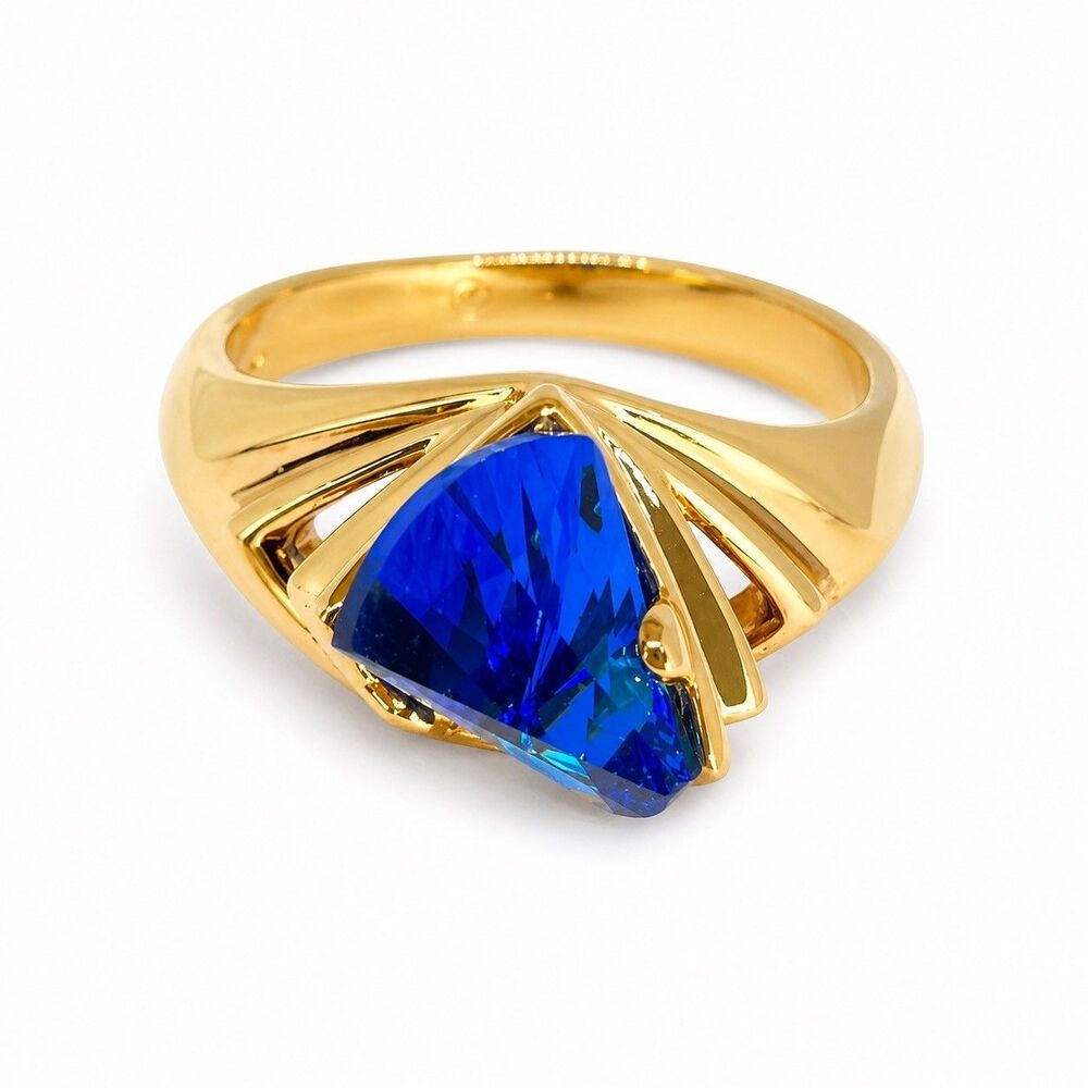 Vintage 1970s Ring Size 8 Blue Crystal Lens Cut Modernist Gold Plated - 14I